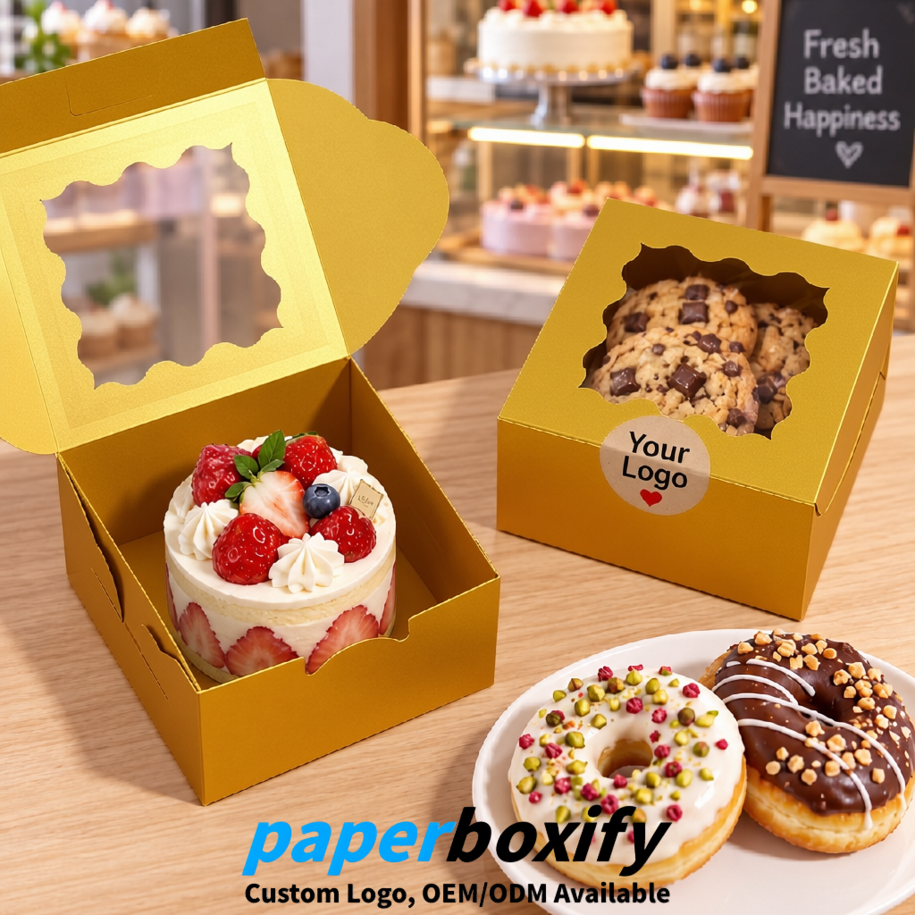 Gold Paper Cookie Boxes with Window and Stickers 4x4x2.5 inch