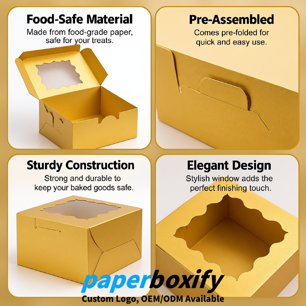 Gold Paper Cookie Boxes with Window and Stickers 4x4x2.5 inch