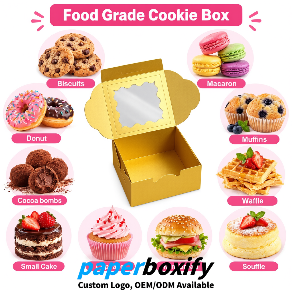 Gold Paper Cookie Boxes with Window and Stickers 4x4x2.5 inch Gold Paper Cookie Boxes with Window and Stickers 4x4x2.5 inch