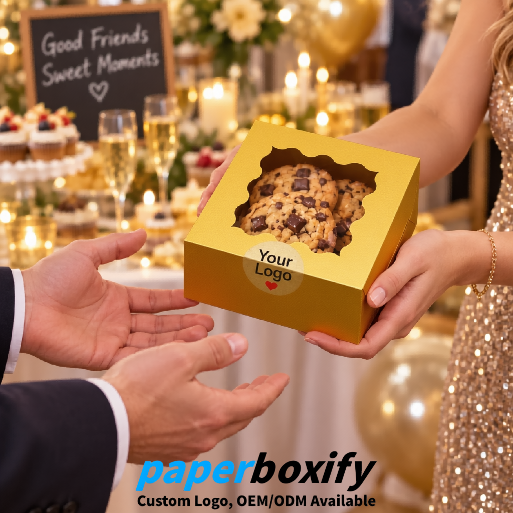 Gold Paper Cookie Boxes with Window and Stickers 4x4x2.5 inch