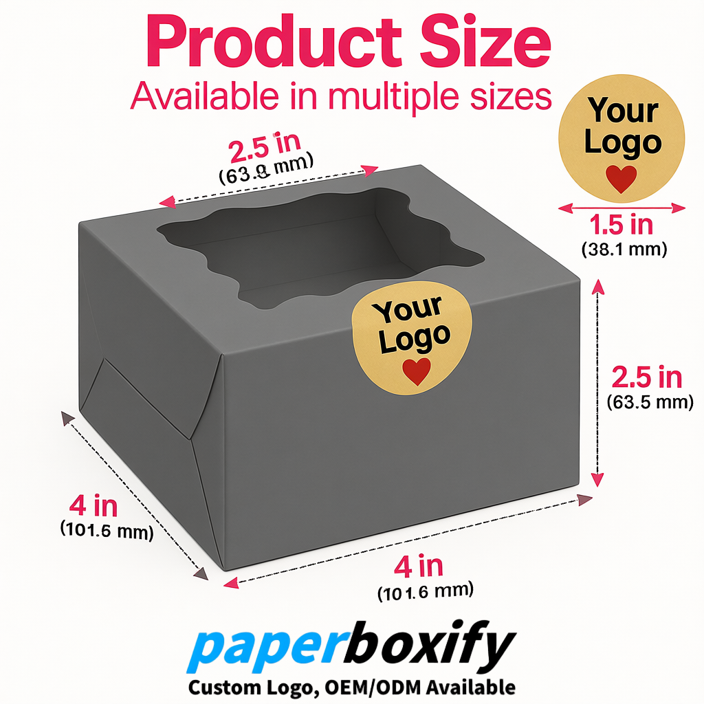 Gray Paper Cookie Boxes with Window and Stickers 4x4x2.5 inch