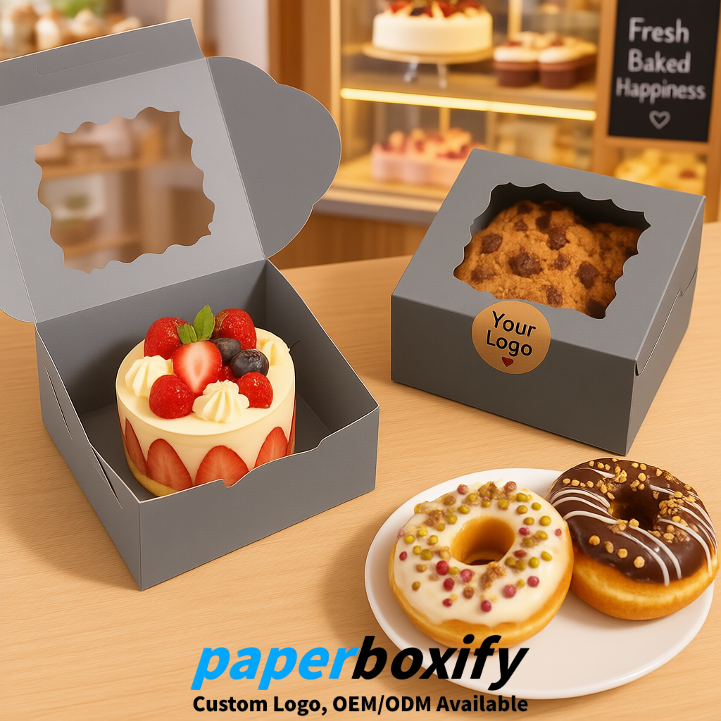 Gray Paper Cookie Boxes with Window and Stickers 4x4x2.5 inch