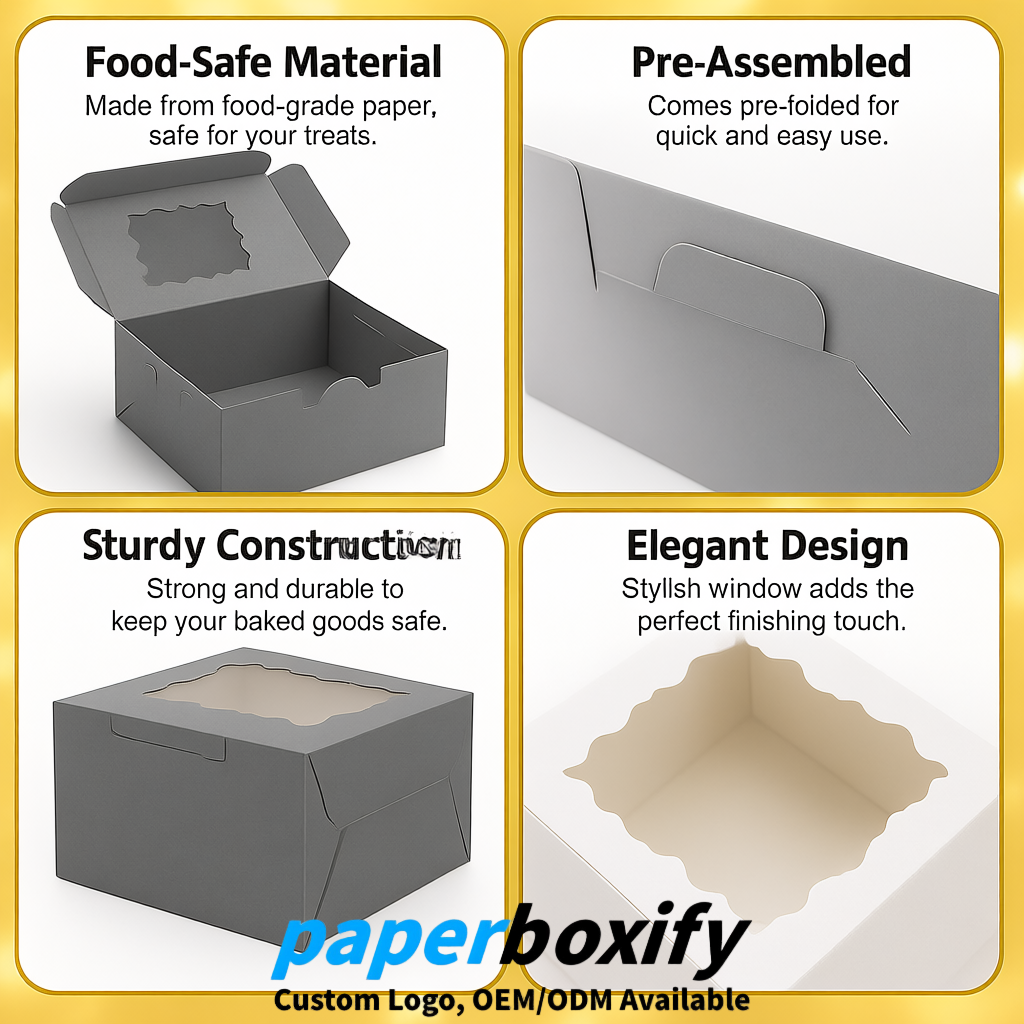Gray Paper Cookie Boxes with Window and Stickers 4x4x2.5 inch