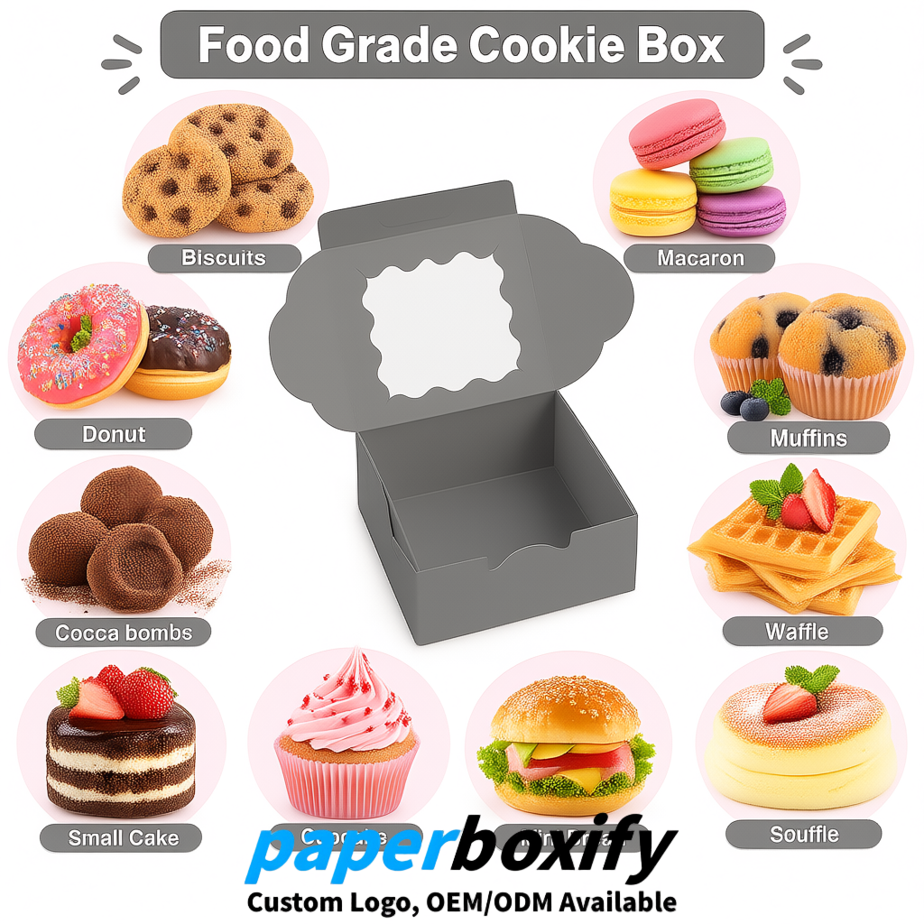Gray Paper Cookie Boxes with Window and Stickers 4x4x2.5 inch