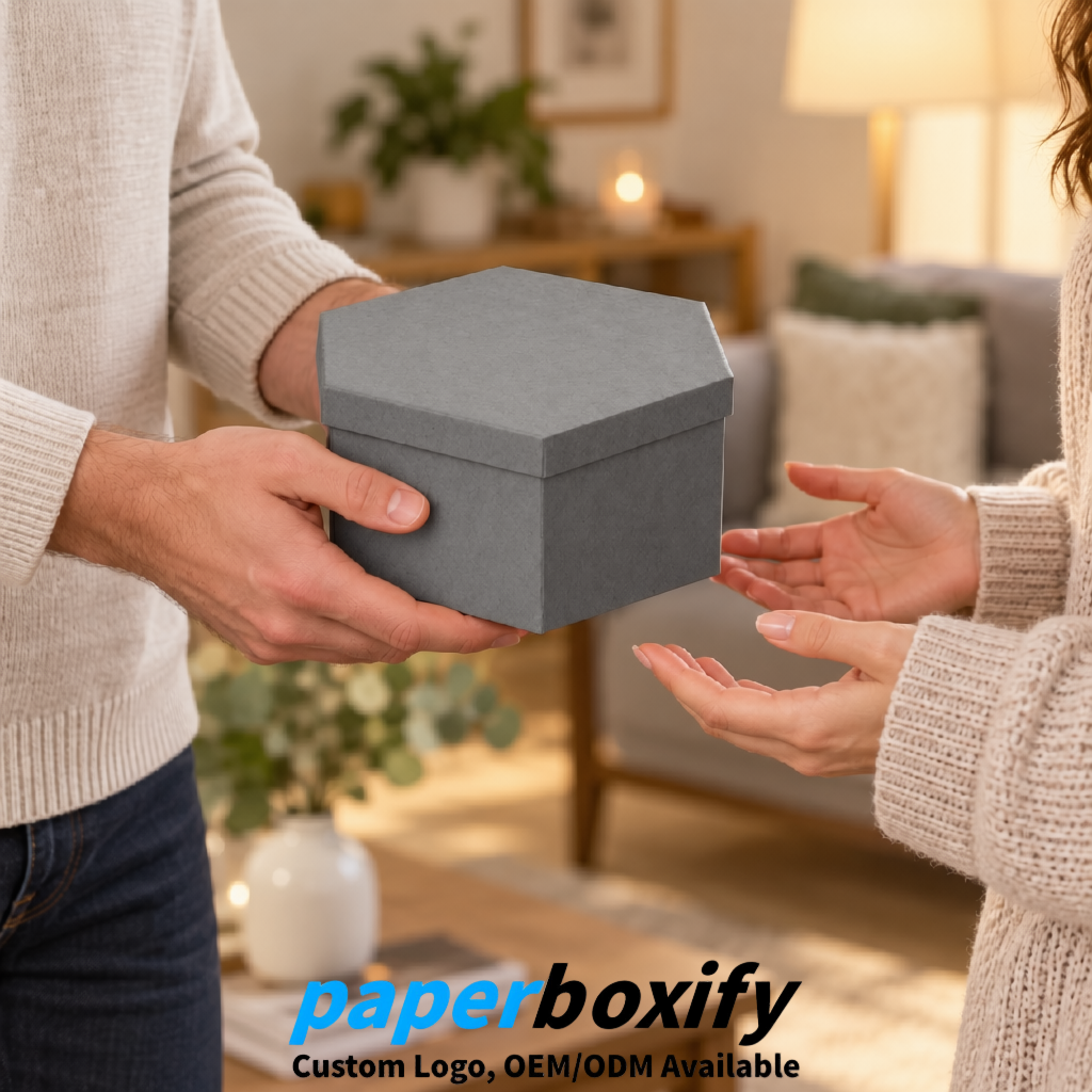 Gray Paper Hexagon Box with Lid - Biodegrade Paper Mache Gift Boxes Manufacturer