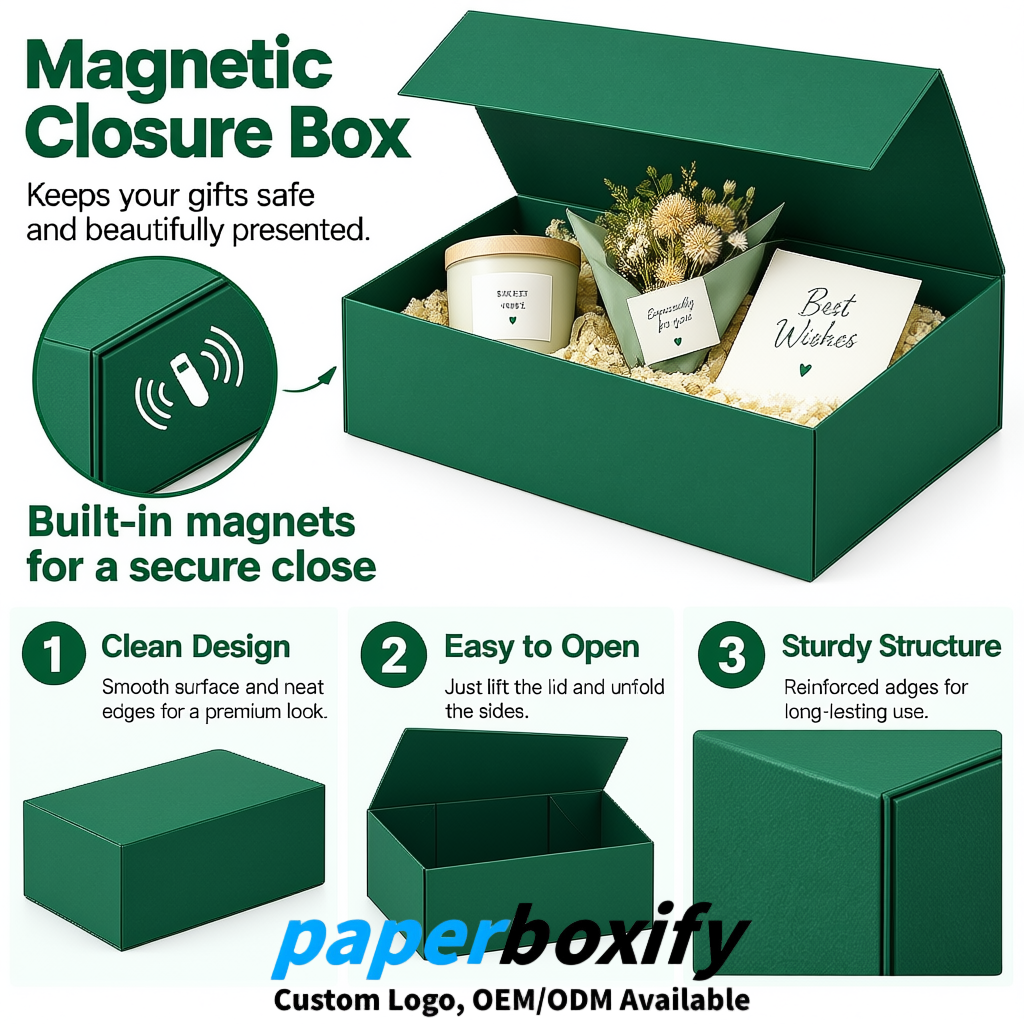 Green Magnetic Closure Gift Box with Ribbon 13.8x9x4.3 inch Luxury Large Storage Box