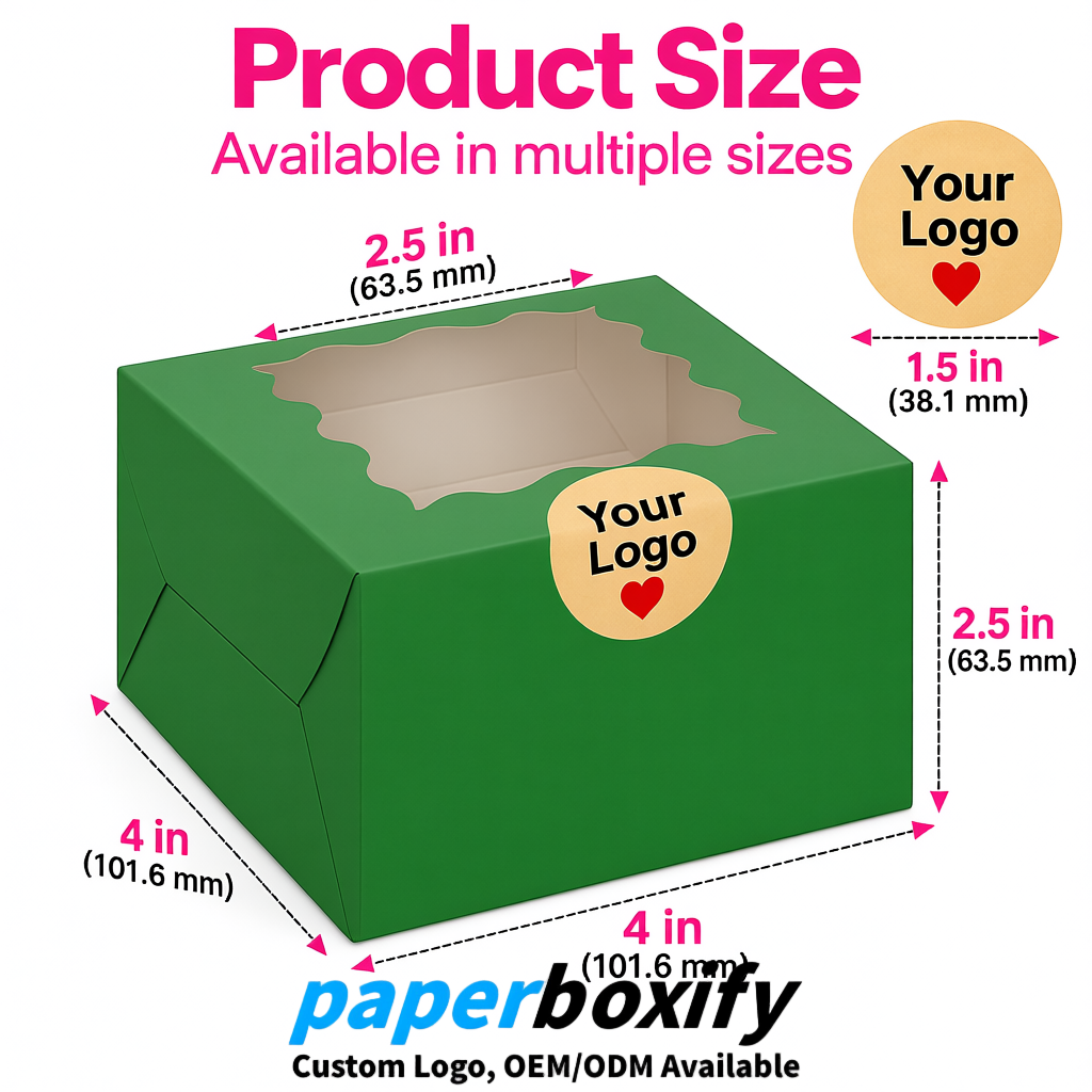 Green Paper Cookie Boxes with Window and Stickers 4x4x2.5 inch