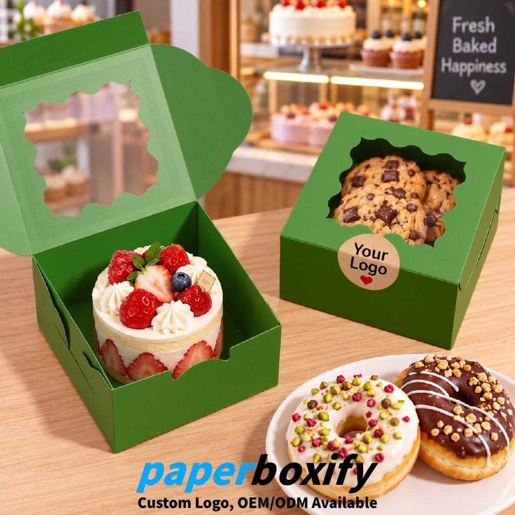 Green Paper Cookie Boxes with Window and Stickers 4x4x2.5 inch