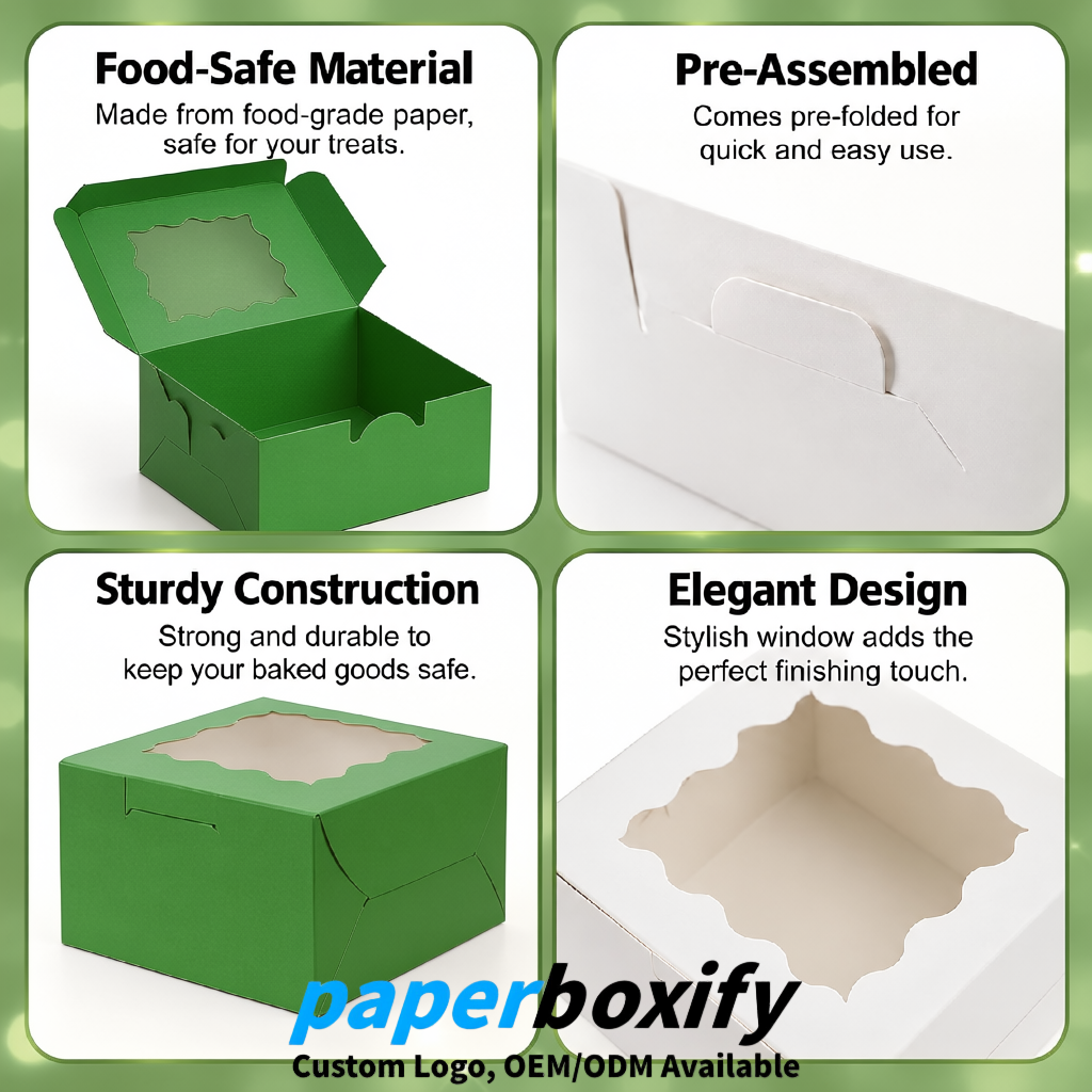Green Paper Cookie Boxes with Window and Stickers 4x4x2.5 inch