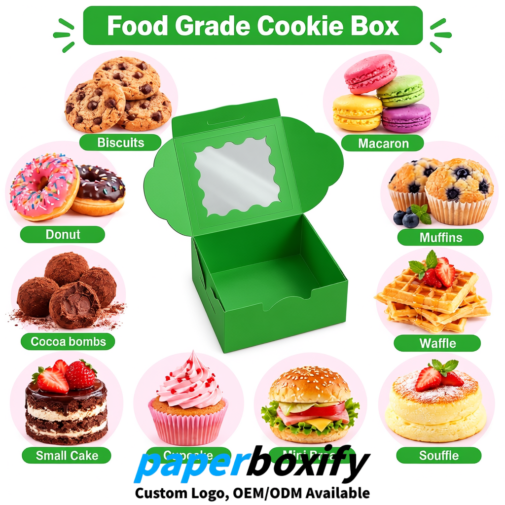 Green Paper Cookie Boxes with Window and Stickers 4x4x2.5 inch