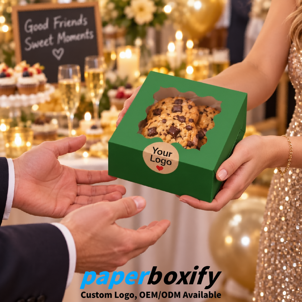 Green Paper Cookie Boxes with Window and Stickers 4x4x2.5 inch