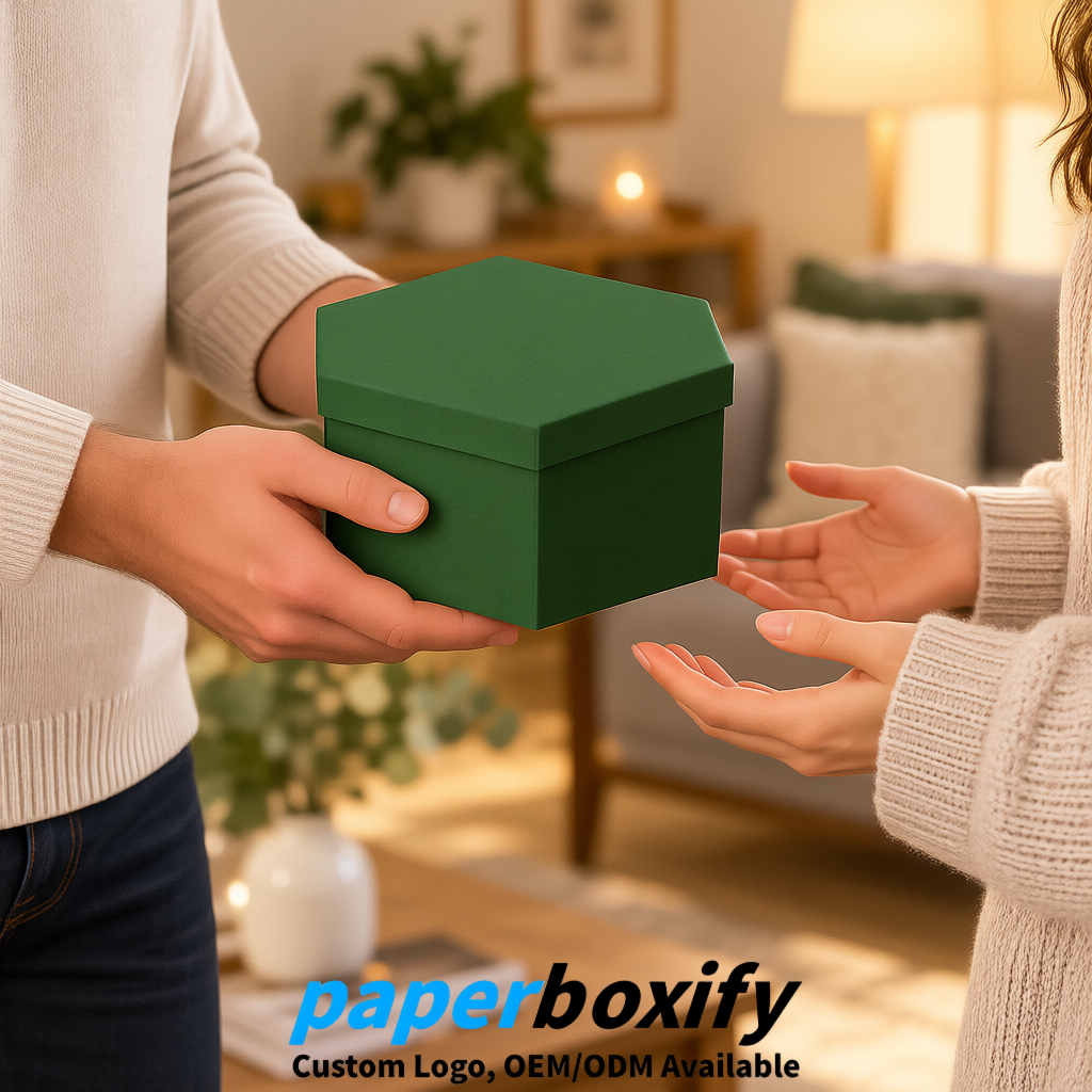 Green Paper Hexagon Box with Lid - Biodegrade Paper Mache Gift Boxes Manufacturer