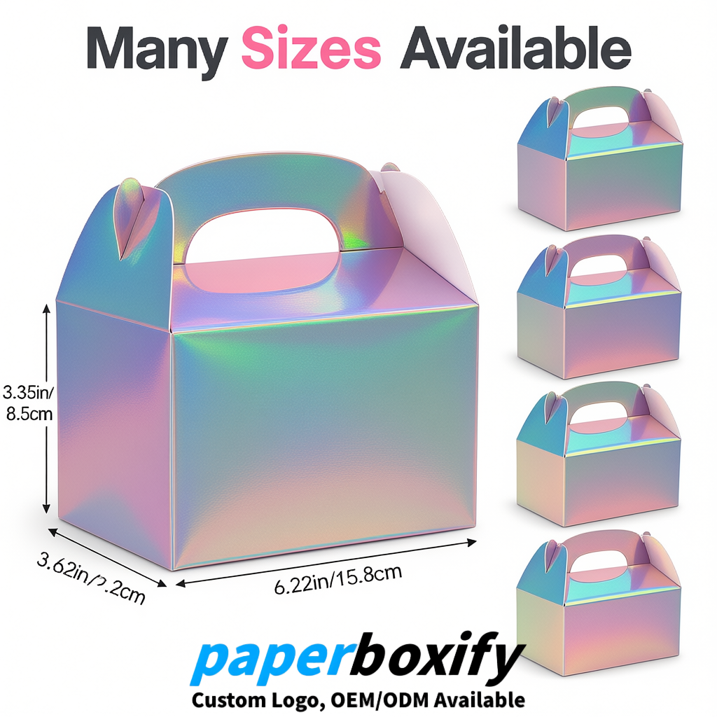 Holographic Gable Boxes with Handles 6.22x3.35x3.62 inch Kraft Paper Party Favors Boxes in Bulk