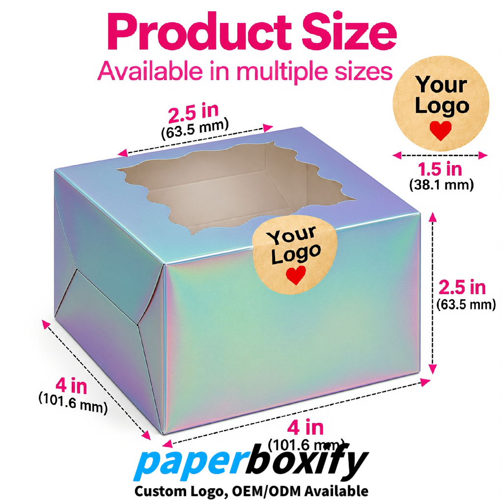 Holographic Paper Cookie Boxes with Window and Stickers 4x4x2.5 inch