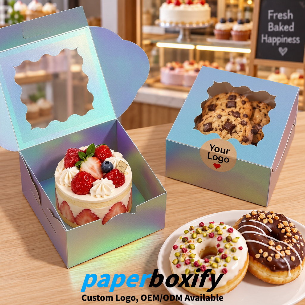 Holographic Paper Cookie Boxes with Window and Stickers 4x4x2.5 inch