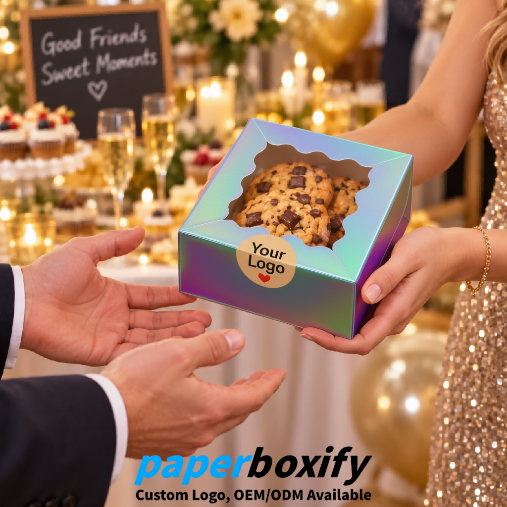 Holographic Paper Cookie Boxes with Window and Stickers 4x4x2.5 inch
