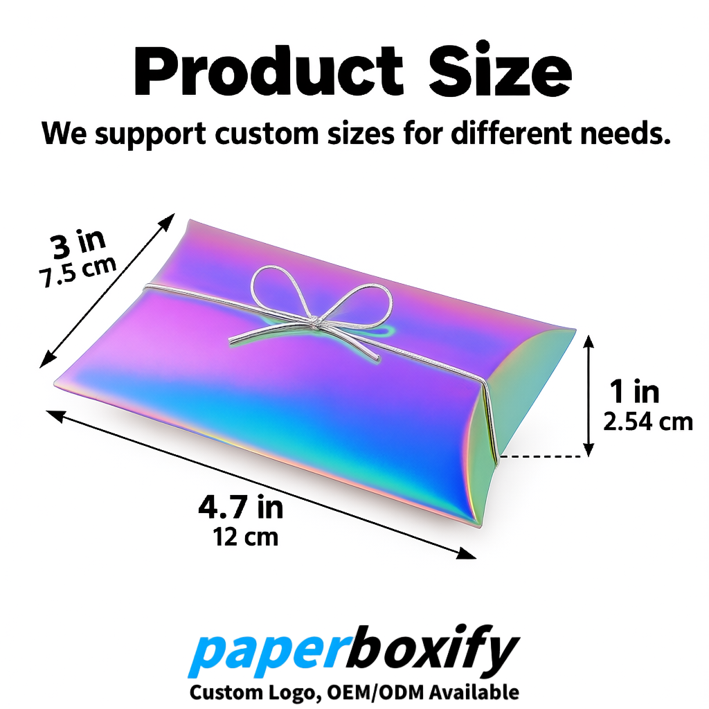 Bulk Holographic Kraft Pillow Gift Boxes with Ties 4.7x3x1 inch for Candy & Favors