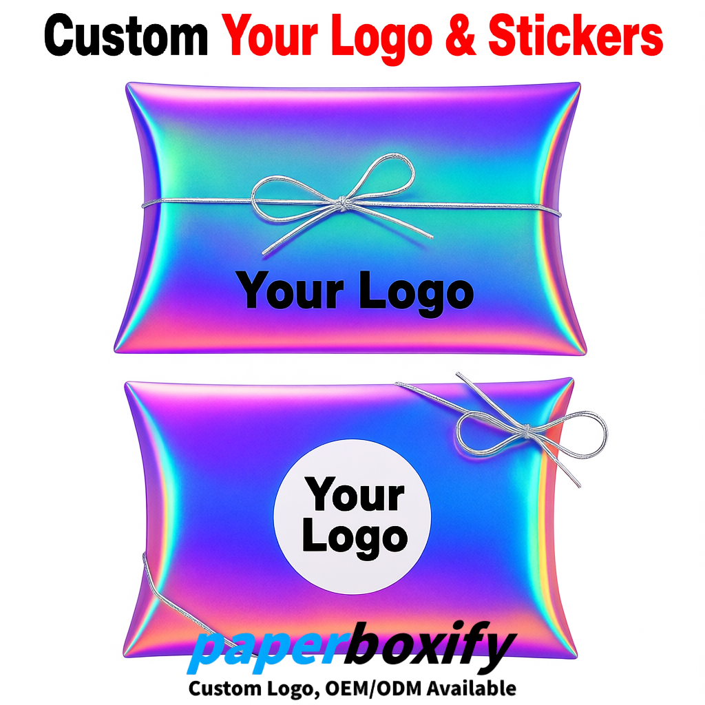 Bulk Holographic Kraft Pillow Gift Boxes with Ties 4.7x3x1 inch for Candy & Favors Bulk Holographic Kraft Pillow Gift Boxes with Ties 4.7x3x1 inch for Candy & Favors