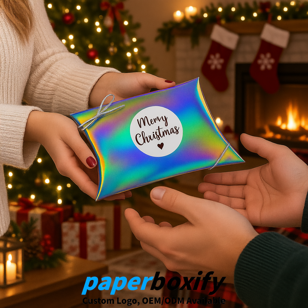 Bulk Holographic Kraft Pillow Gift Boxes with Ties 4.7x3x1 inch for Candy & Favors