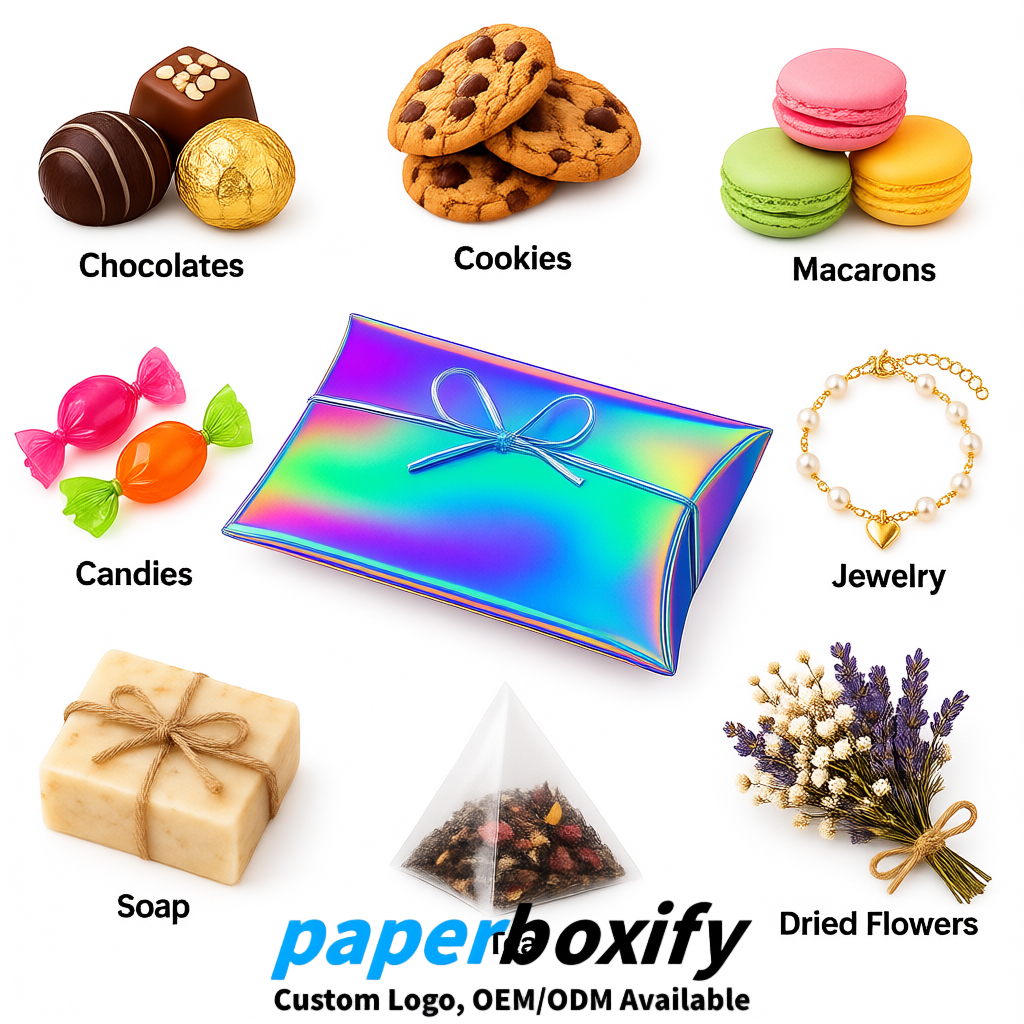 Bulk Holographic Kraft Pillow Gift Boxes with Ties 4.7x3x1 inch for Candy & Favors