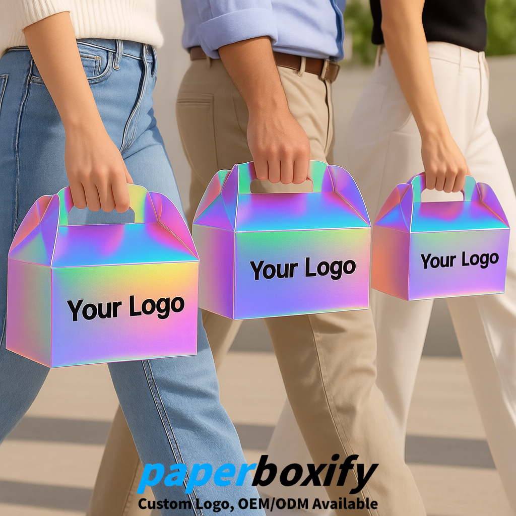Iridescent Gable Boxes with Handles 6.22x3.35x3.62 inch Kraft Paper Party Favors Boxes in Bulk