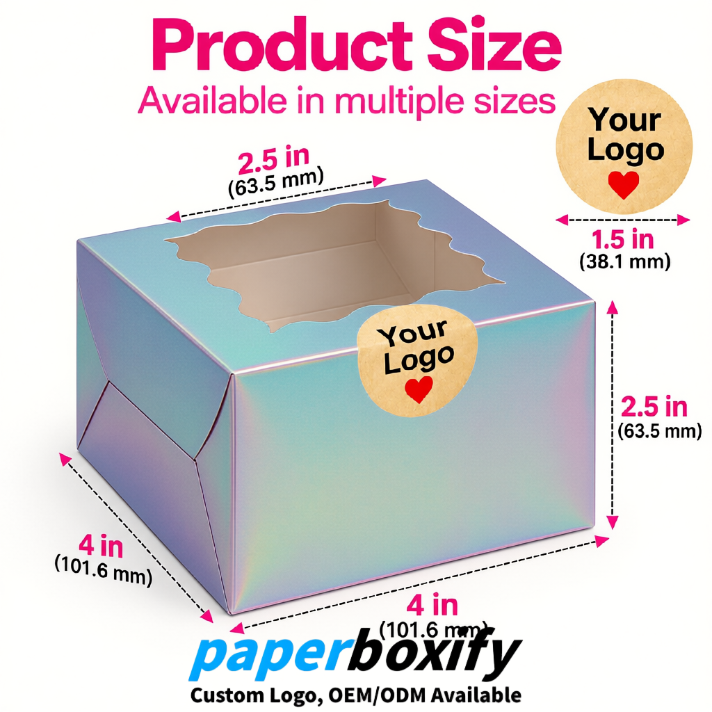 Iridescent Paper Cookie Boxes with Window and Stickers 4x4x2.5 inch