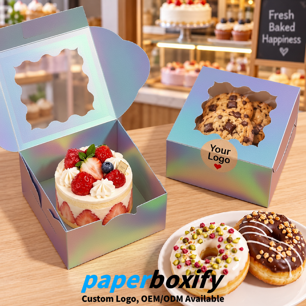 Iridescent Paper Cookie Boxes with Window and Stickers 4x4x2.5 inch