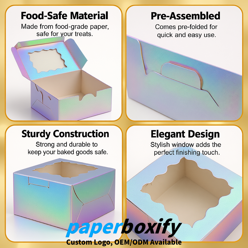 Iridescent Paper Cookie Boxes with Window and Stickers 4x4x2.5 inch