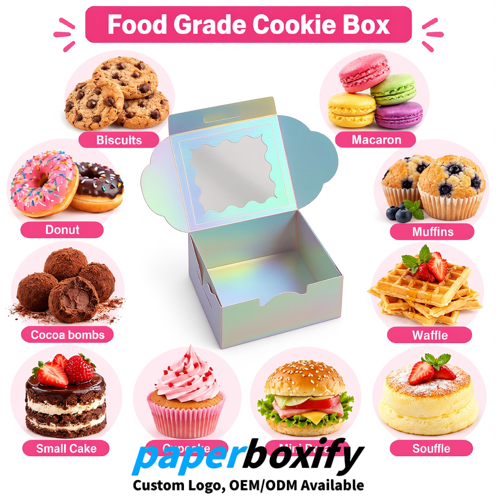 Iridescent Paper Cookie Boxes with Window and Stickers 4x4x2.5 inch