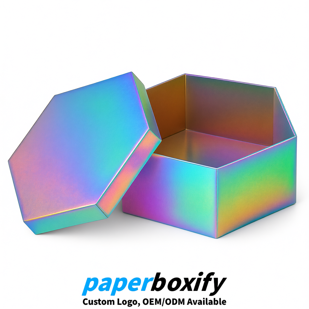 Iridescent Paper Hexagon Box with Lid - Biodegrade Paper Mache Gift Boxes Manufacturer