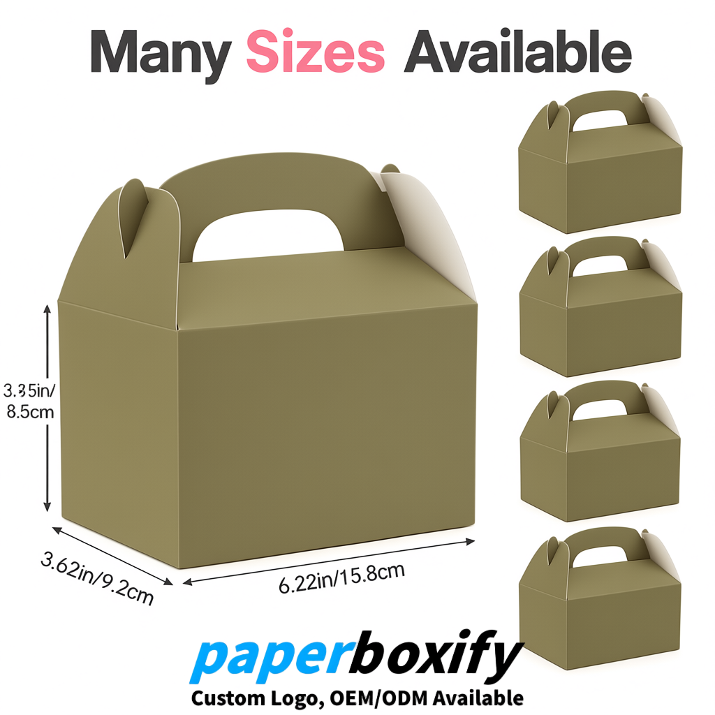 Khaki Gable Boxes with Handles 6.22x3.35x3.62 inch Kraft Paper Party Favors Boxes in Bulk
