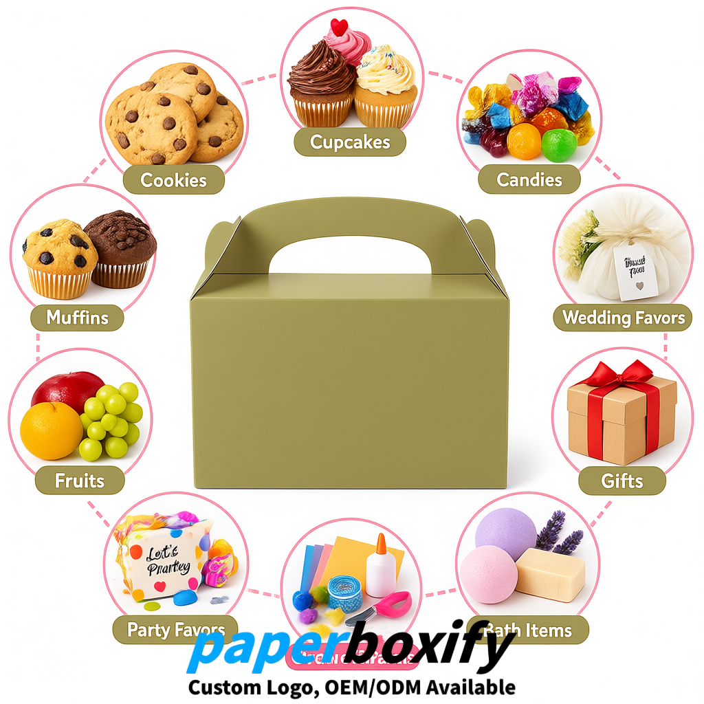 Khaki Gable Boxes with Handles 6.22x3.35x3.62 inch Kraft Paper Party Favors Boxes in Bulk