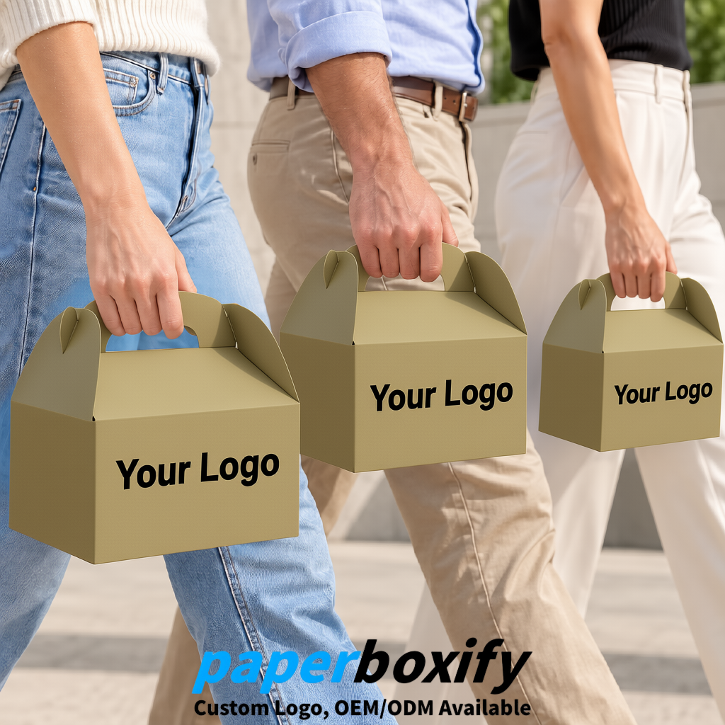 Khaki Gable Boxes with Handles 6.22x3.35x3.62 inch Kraft Paper Party Favors Boxes in Bulk