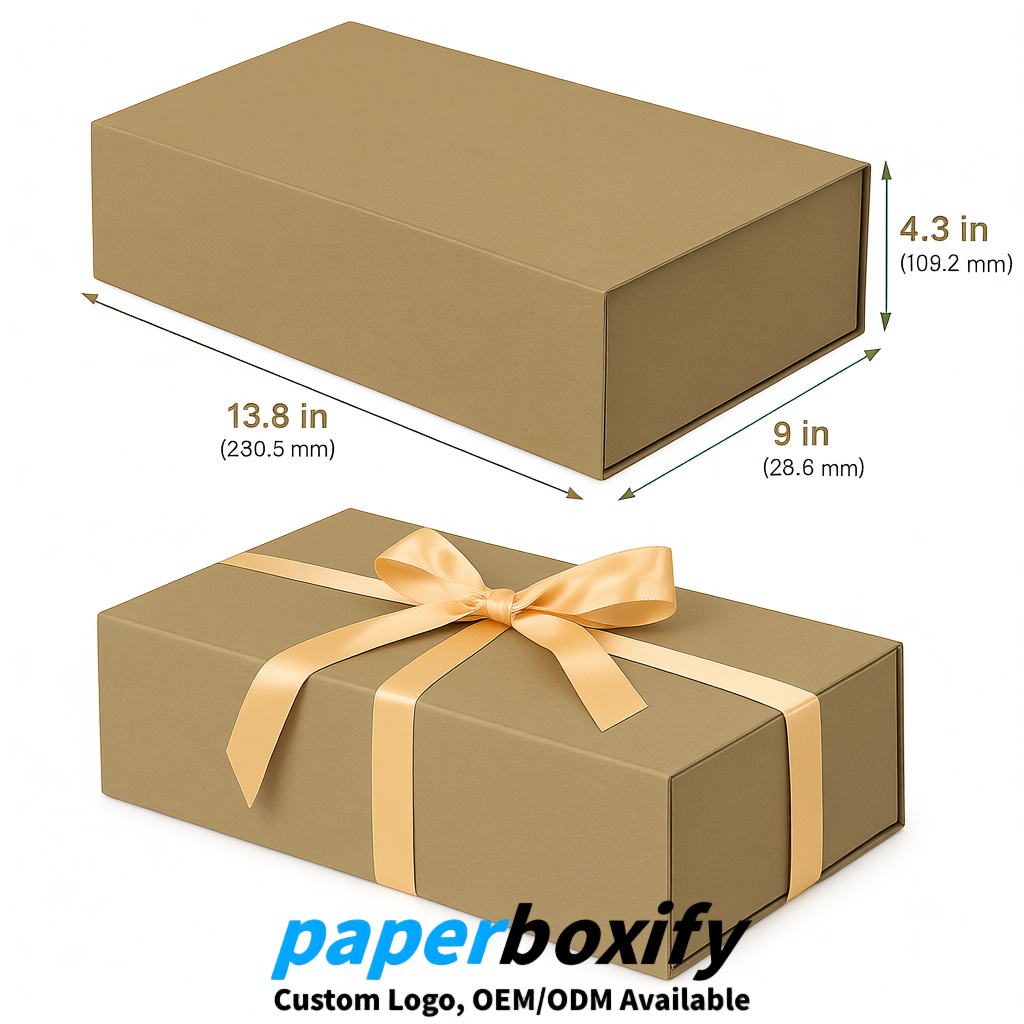 Khaki Magnetic Closure Gift Box​ with Ribbon 13.8x9x4.3 inch Luxury Large Storage Box