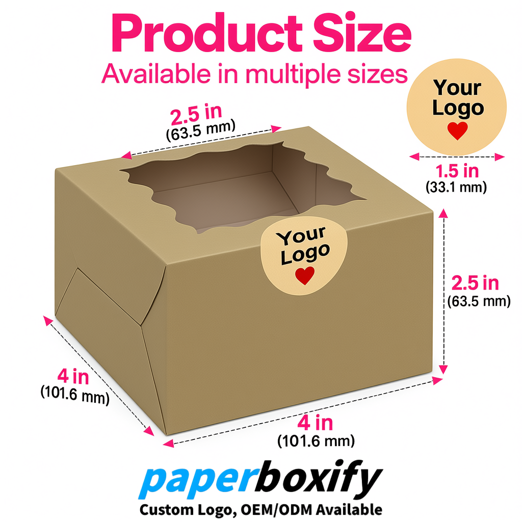 Khaki Paper Cookie Boxes with Window and Stickers 4x4x2.5 inch