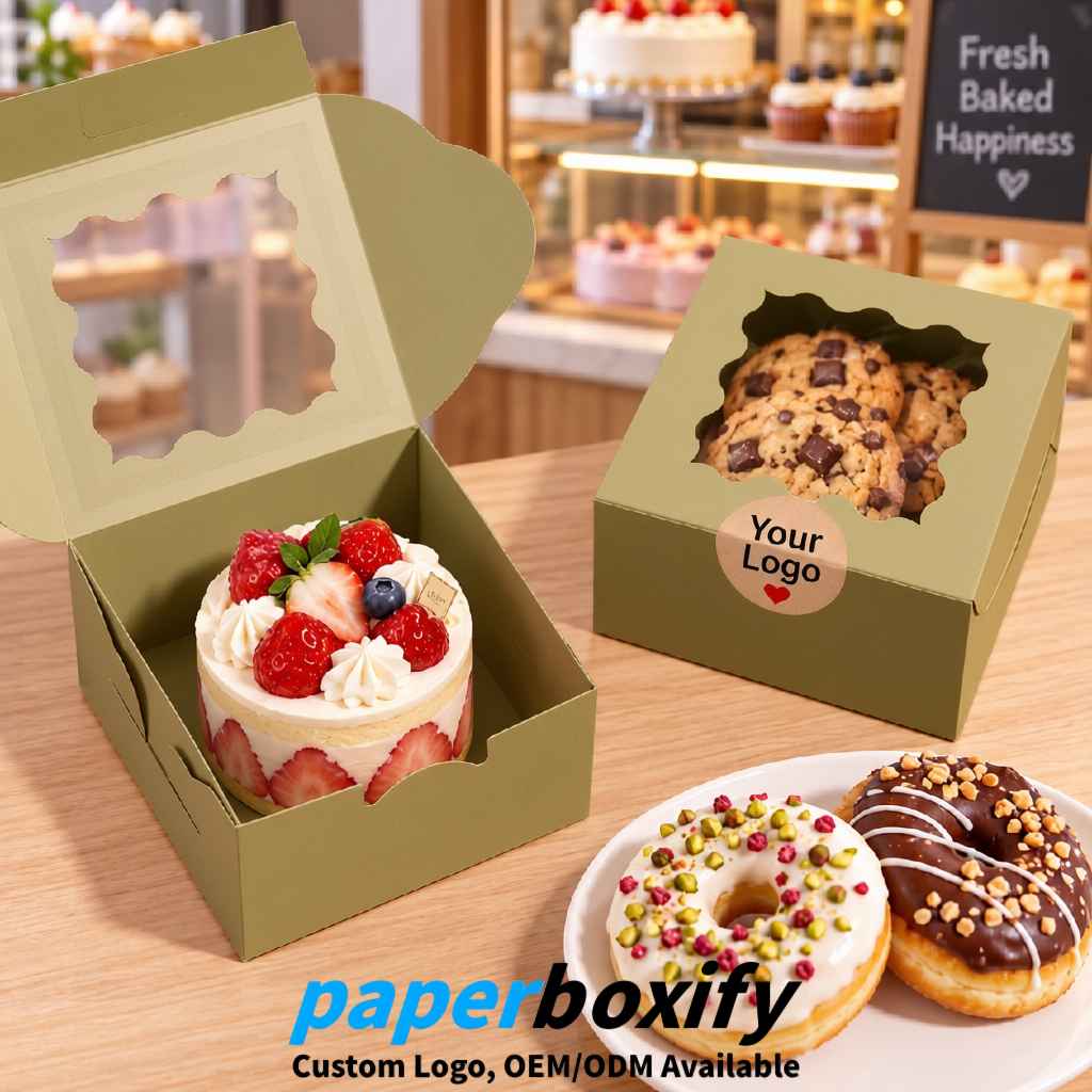 Khaki Paper Cookie Boxes with Window and Stickers 4x4x2.5 inch