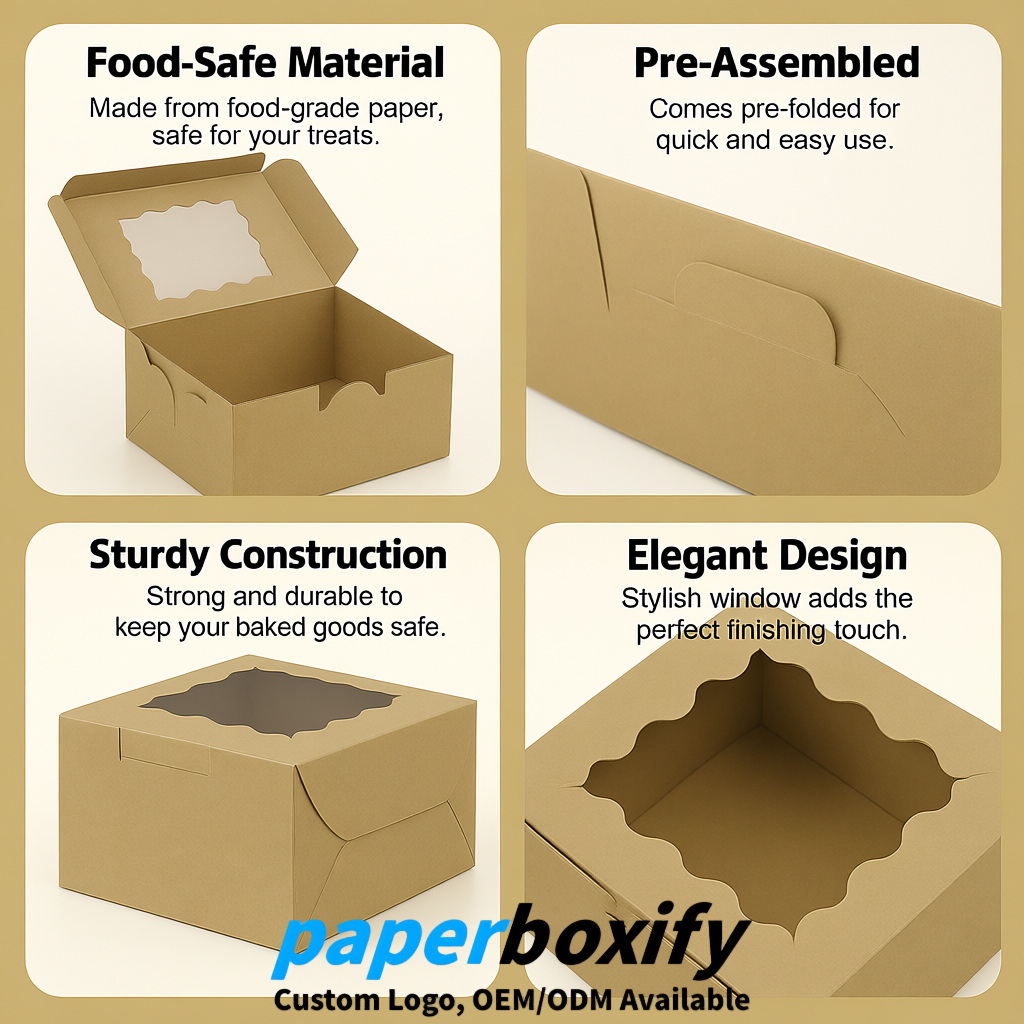 Khaki Paper Cookie Boxes with Window and Stickers 4x4x2.5 inch