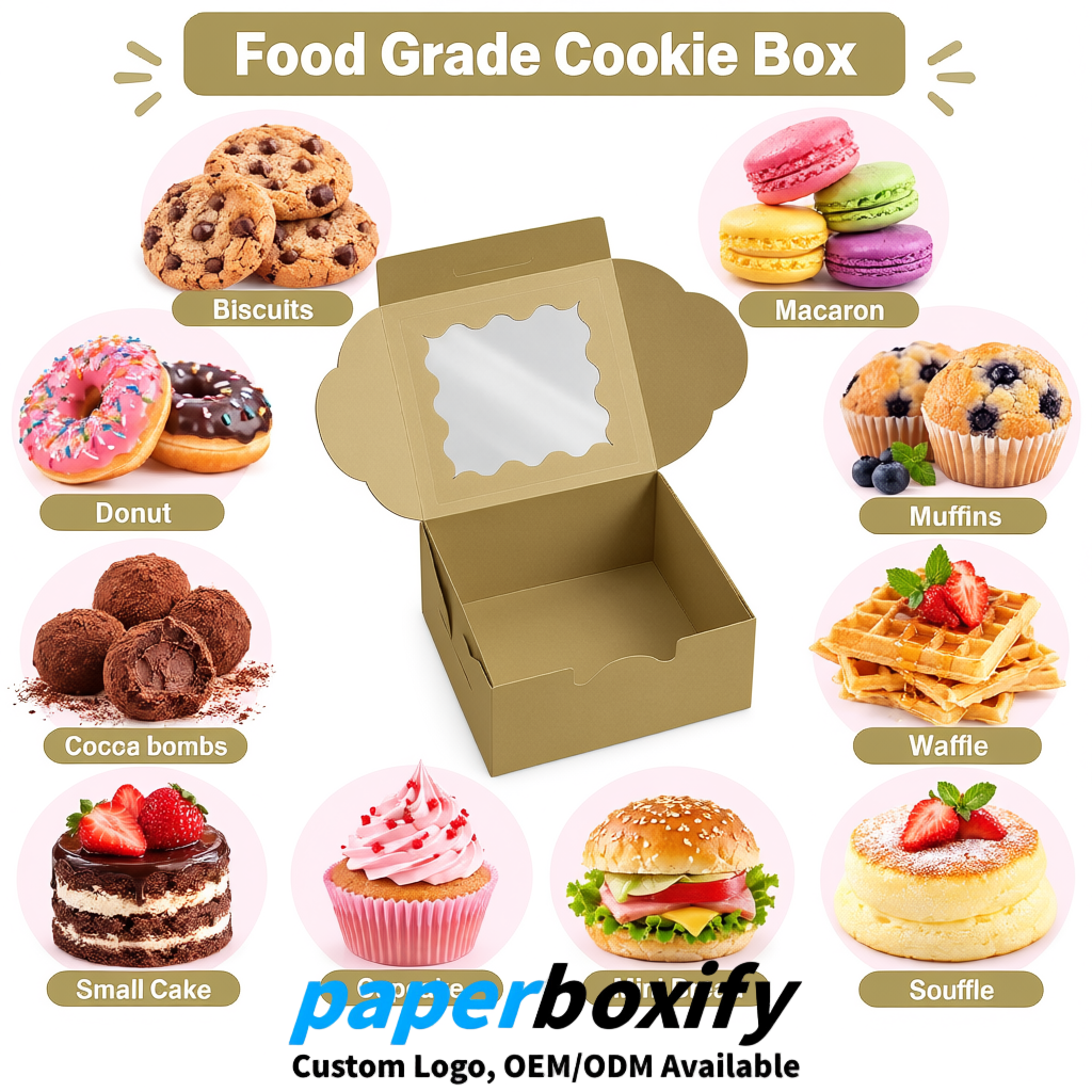 Khaki Paper Cookie Boxes with Window and Stickers 4x4x2.5 inch Khaki Paper Cookie Boxes with Window and Stickers 4x4x2.5 inch