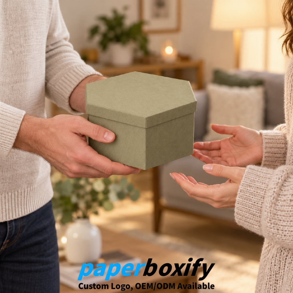 Khaki Paper Hexagon Box with Lid - Biodegrade Paper Mache Gift Boxes Manufacturer Khaki Paper Hexagon Box with Lid - Biodegrade Paper Mache Gift Boxes Manufacturer
