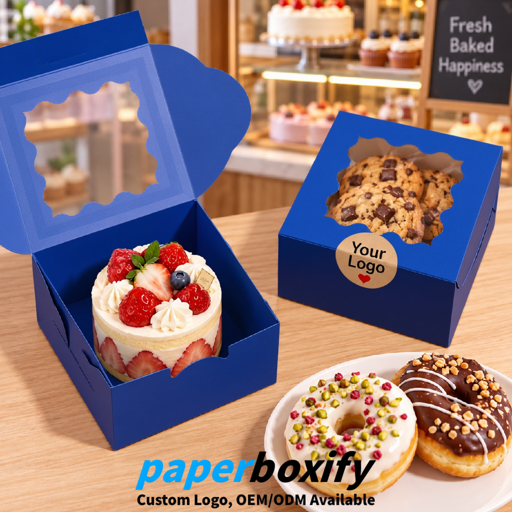 Klein Blue Paper Cookie Boxes with Window and Stickers 4x4x2.5 inch
