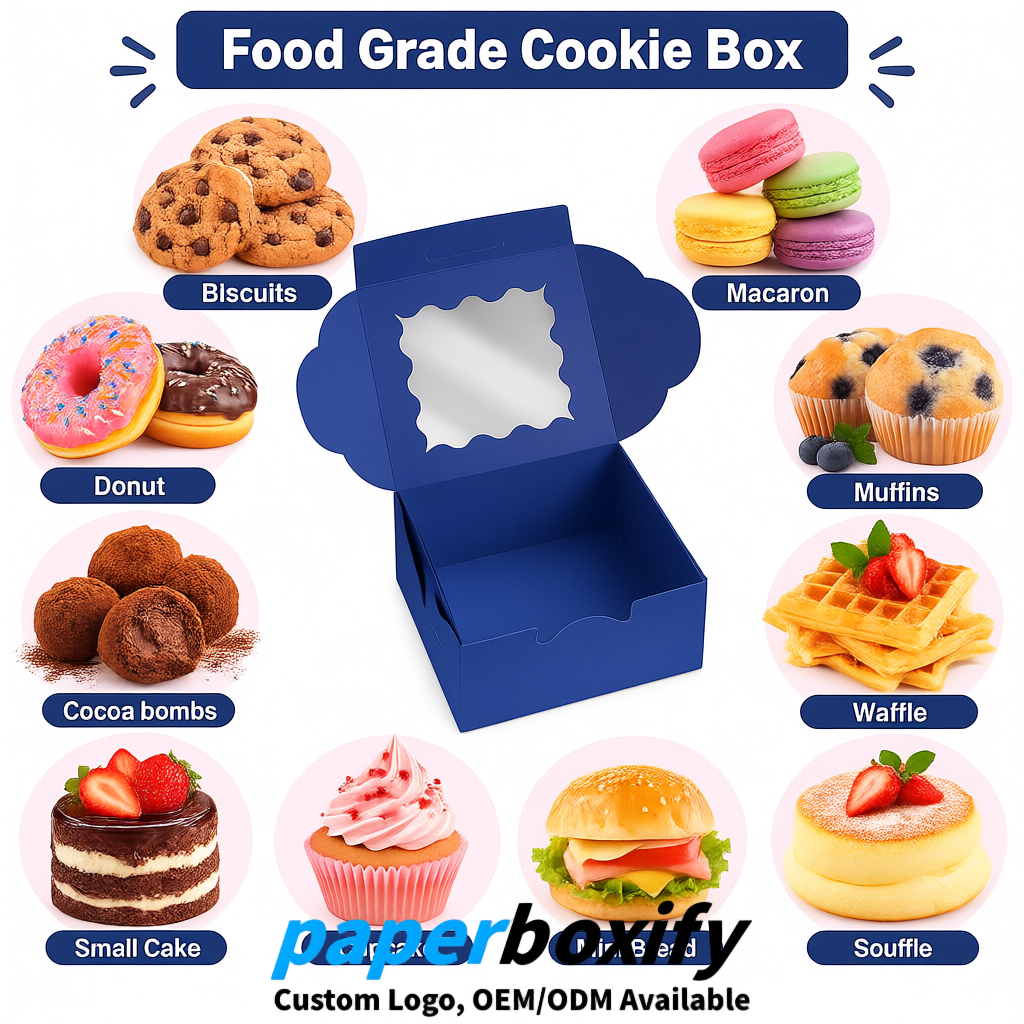 Klein Blue Paper Cookie Boxes with Window and Stickers 4x4x2.5 inch