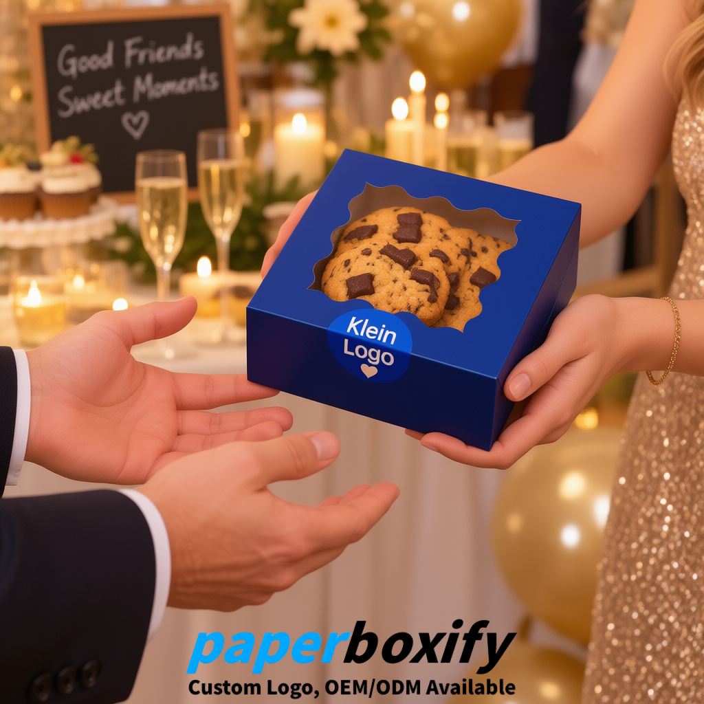 Klein Blue Paper Cookie Boxes with Window and Stickers 4x4x2.5 inch
