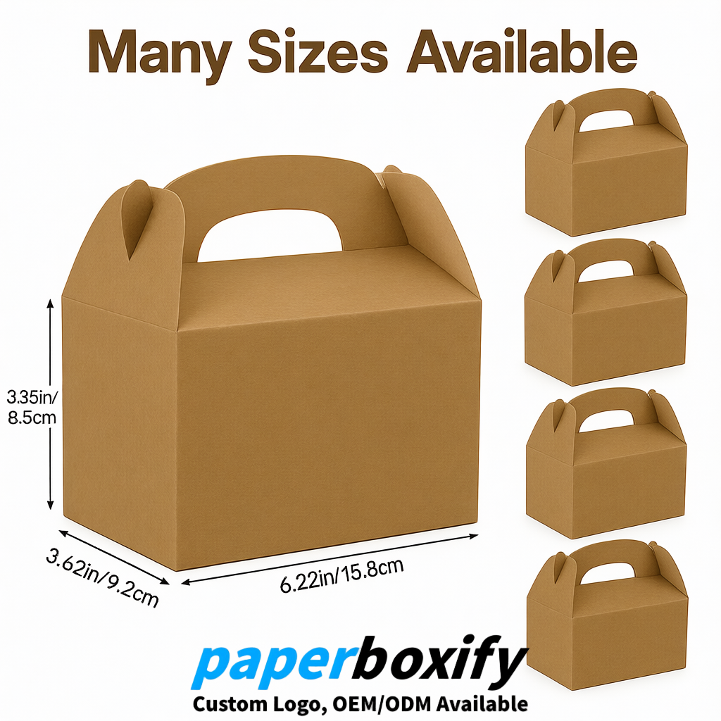 Kraft Brown Gable Boxes with Handles 6.22x3.35x3.62 inch Kraft Paper Party Favors Boxes in Bulk