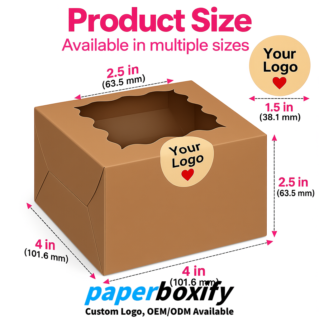 Kraft Brown Paper Cookie Boxes with Window and Stickers 4x4x2.5 inch