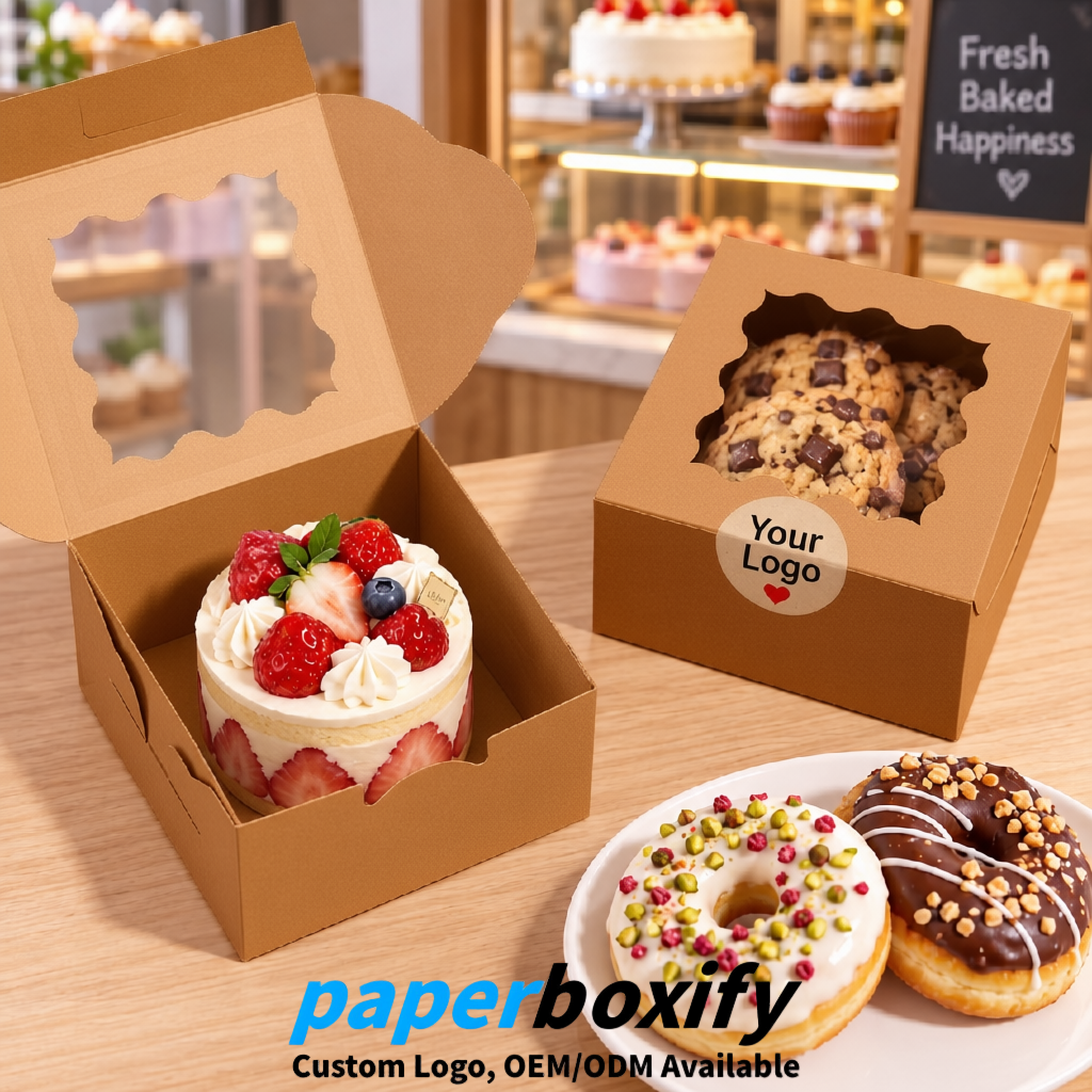 Kraft Brown Paper Cookie Boxes with Window and Stickers 4x4x2.5 inch