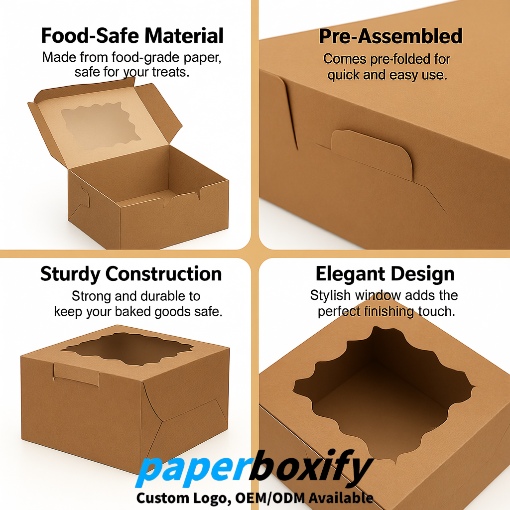 Kraft Brown Paper Cookie Boxes with Window and Stickers 4x4x2.5 inch