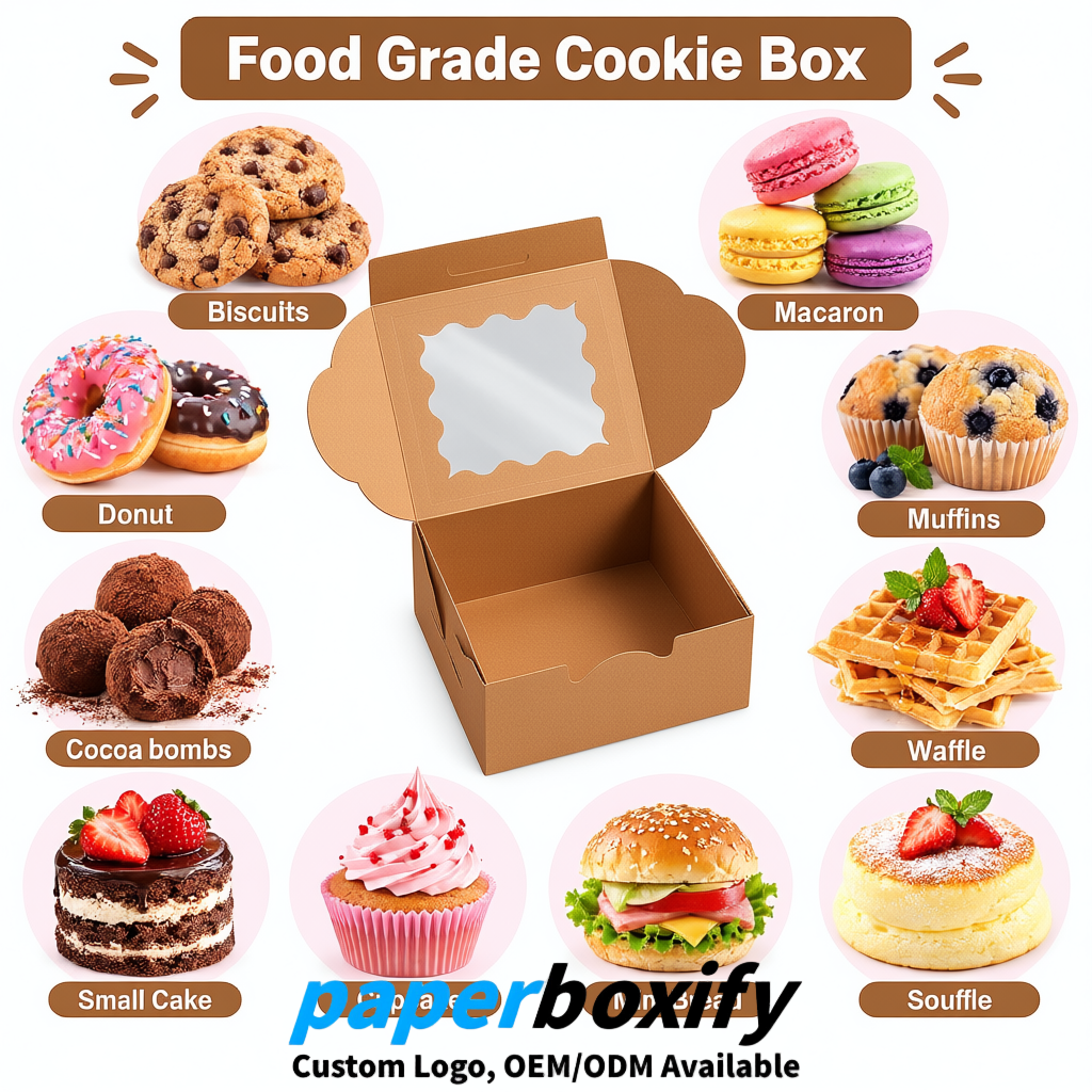 Kraft Brown Paper Cookie Boxes with Window and Stickers 4x4x2.5 inch