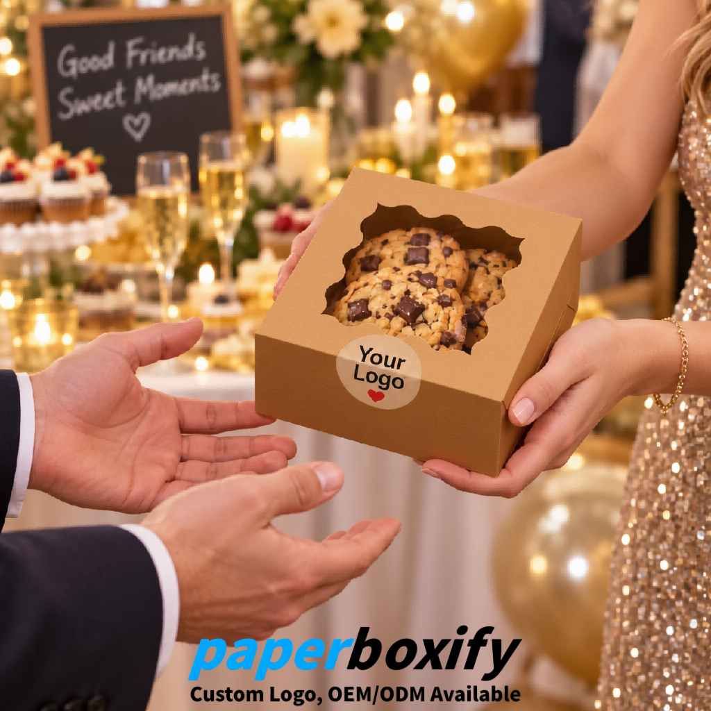 Kraft Brown Paper Cookie Boxes with Window and Stickers 4x4x2.5 inch