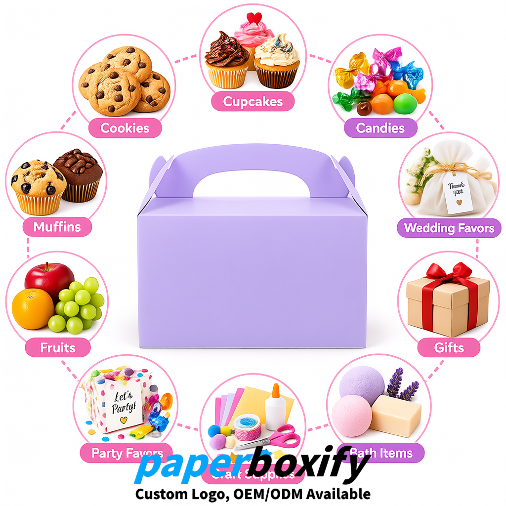 Lavender Gable Boxes with Handles 6.22x3.35x3.62 inch Kraft Paper Party Favors Boxes in Bulk