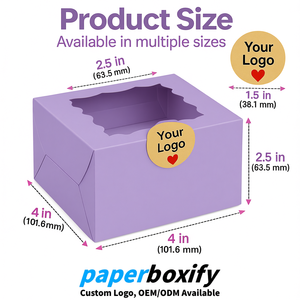 Lavender Paper Cookie Boxes with Window and Stickers 4x4x2.5 inch